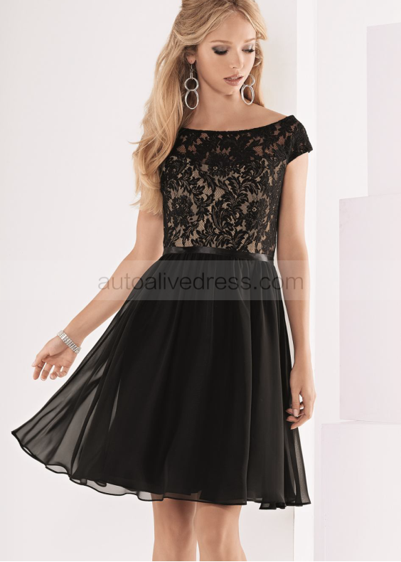 Portrait Neckline Black Lace Chiffon V Back Short Bridesmaid Dress